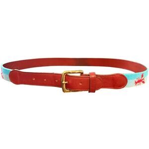 Tucker Blair Lobster Needlepoint Belt Blue Leather Brass Buckle Men's Size 34